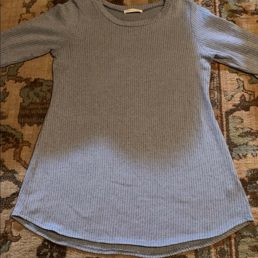 Chris and Carol Blue Pullover with Brown elbow Accents.